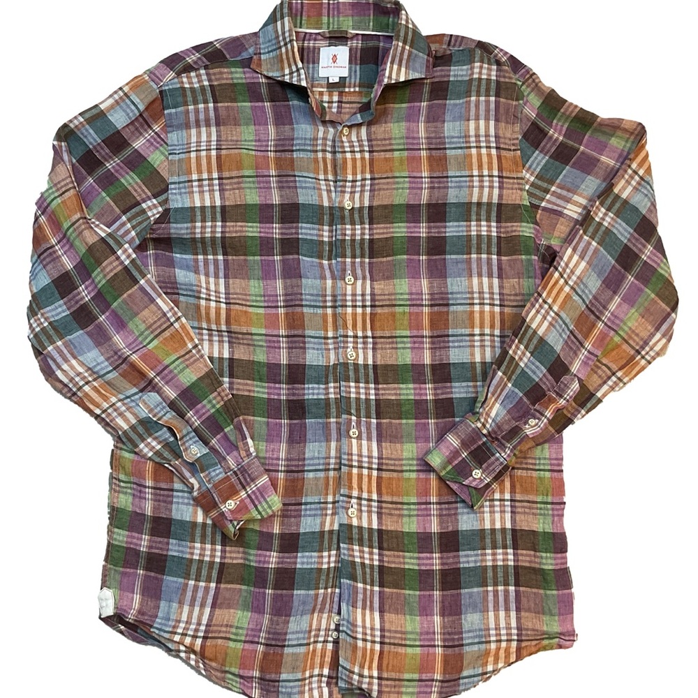 Martin Dingman 100% Linen Multicolor madras Men's Shirt sz L